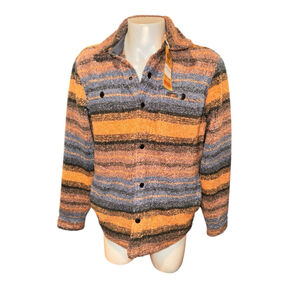 Men's Faherty range heavy pile fleece Shirt Jacket L Orange Blue Striped